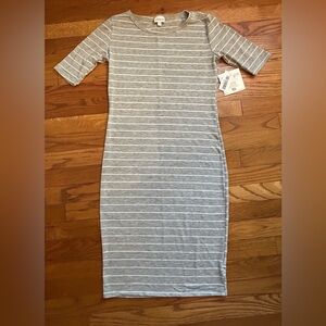 LuLaRoe Heathered Gray White Striped Long Sleeve Midi Dress